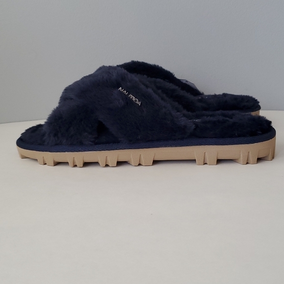 Nautica Shoes - Nautica Blue Fuzzy Criss Cross Banded Slippers 7